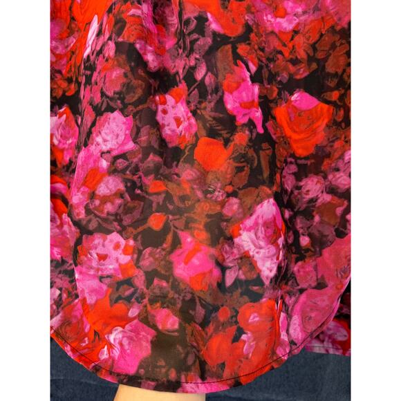 Steve Madden Womens S  Hudson Floral Print Sheer Red/Pink Blouse Fairy/Whimsy - Picture 5 of 7